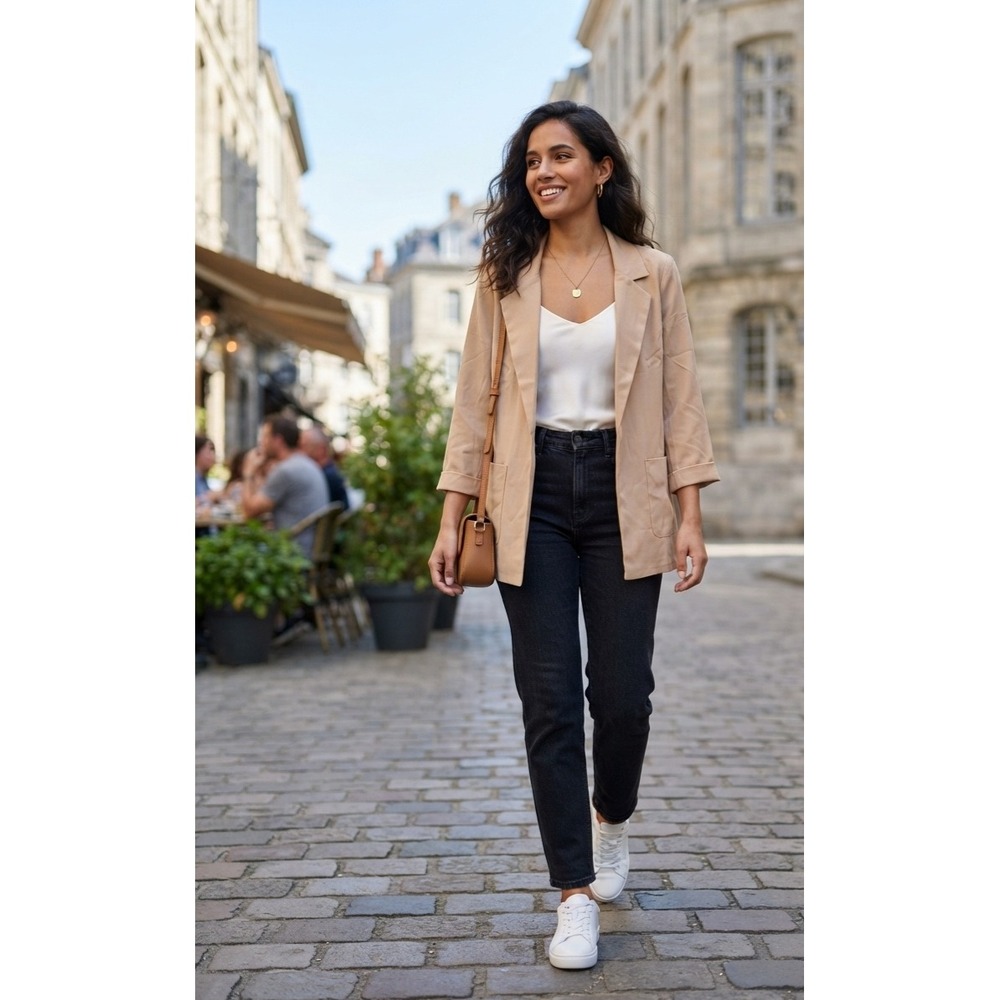 Forever 21 Womens Small Tan Beige Open Front Blazer 3/4 Sleeve Patch Pockets